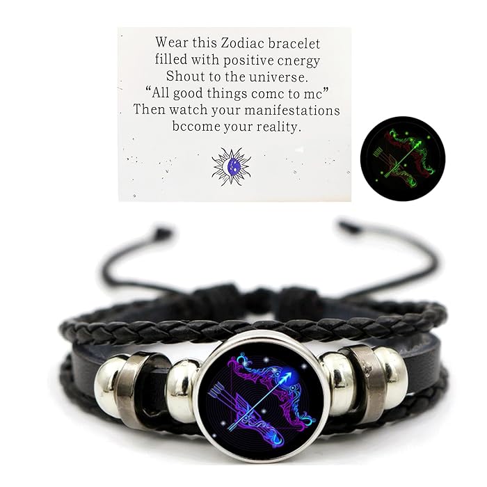 Zodiac Signs Spirit Bracelet - Adjustable Multilayer Black Leather Zodiac Wrap for Women & Men