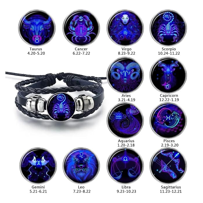 Zodiac Signs Spirit Bracelet - Adjustable Multilayer Black Leather Zodiac Wrap for Women & Men