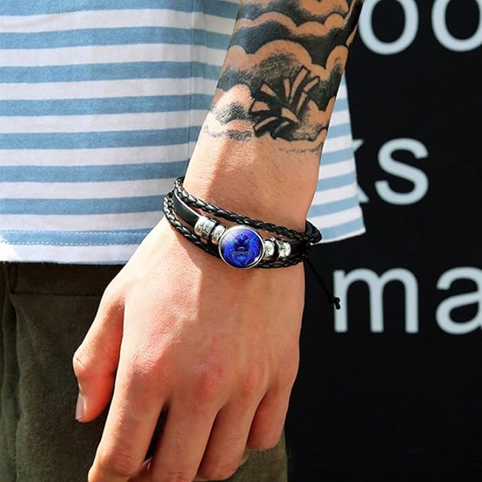 Zodiac Signs Spirit Bracelet - Adjustable Multilayer Black Leather Zodiac Wrap for Women & Men